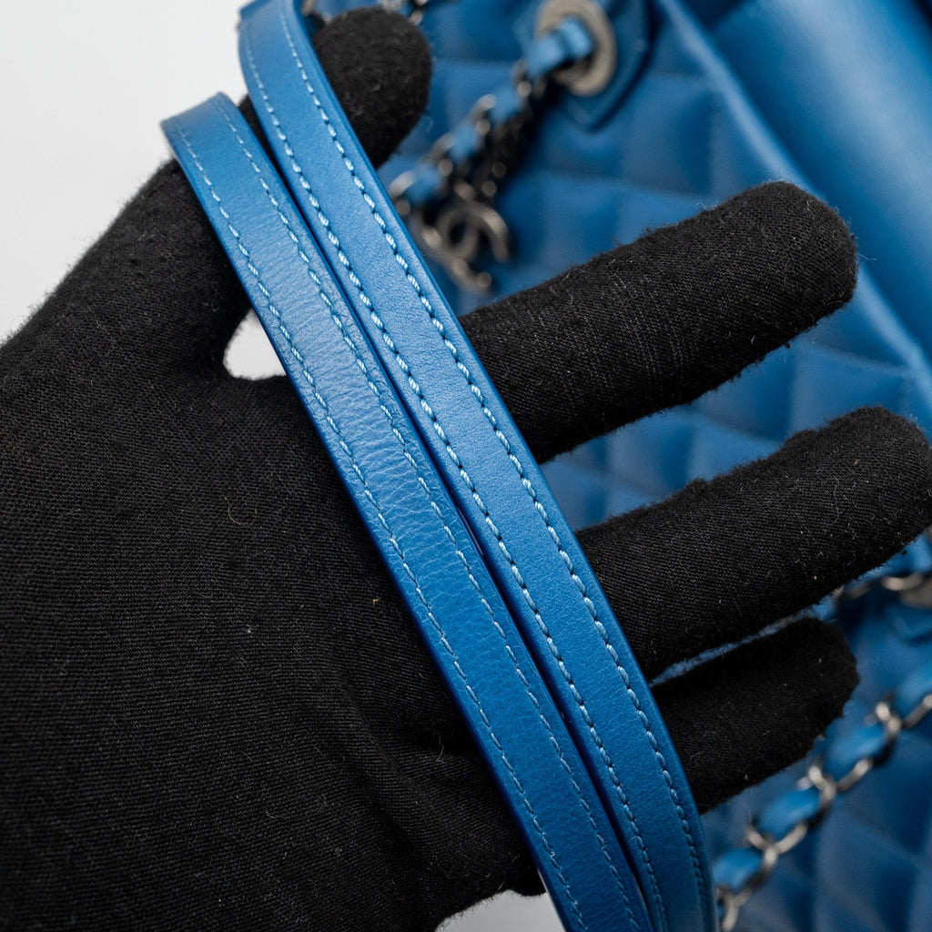 CHANEL TOP HANDLE QUILTED TOTE BAG CALFSKIN BLUE RUTHENIUM HARDWARE