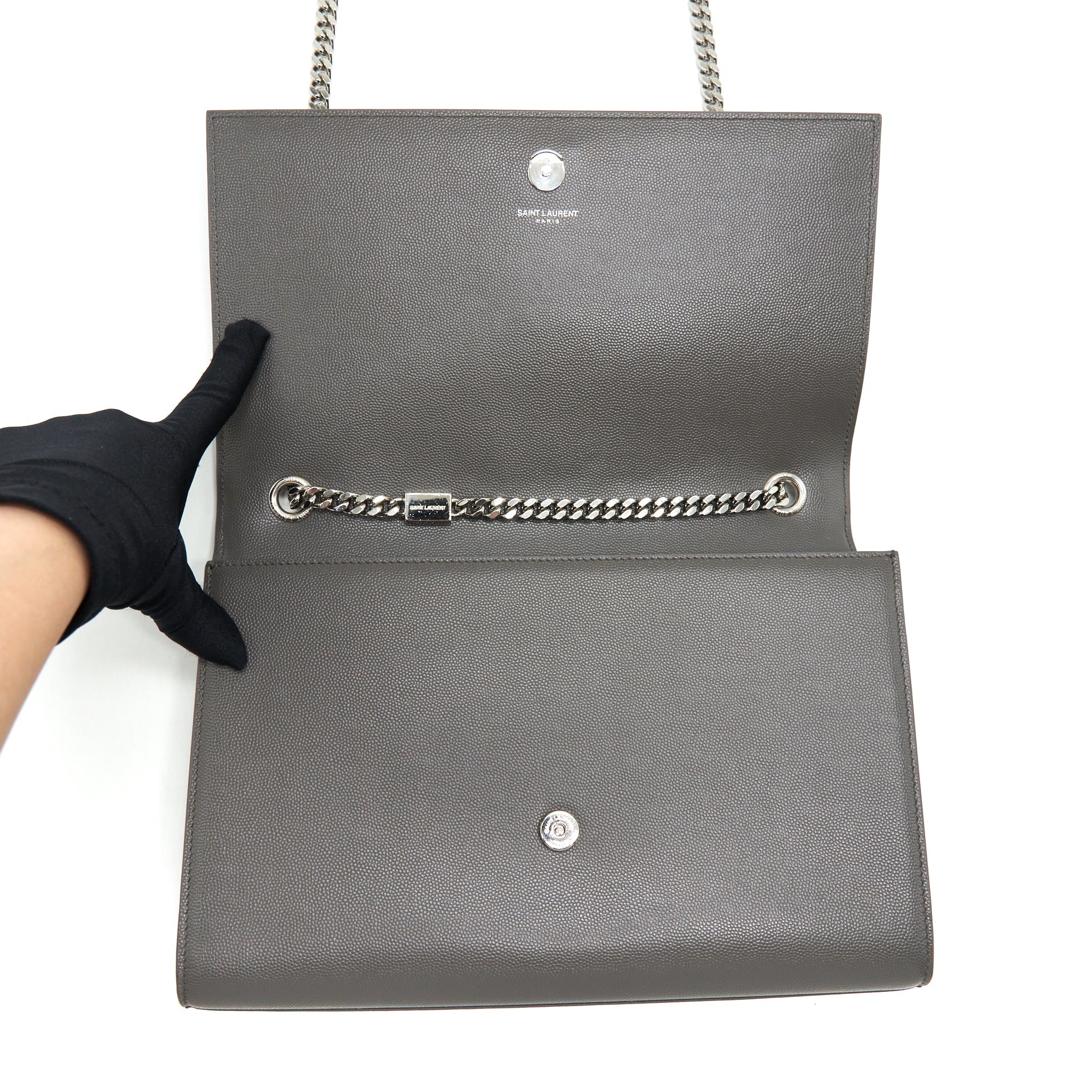 SAINT LAURENT(YSL) LARGE MONOGRAMME KATE CHAIN BAG GRAINED CALFSKIN GREY SHW