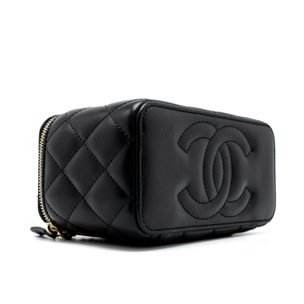 CHANEL 22K GOLD PILLAR ADJUSTABLE CHAIN LONG VANITY LAMBSKIN BLACK BRUSHED GHW(MICROCHIP)