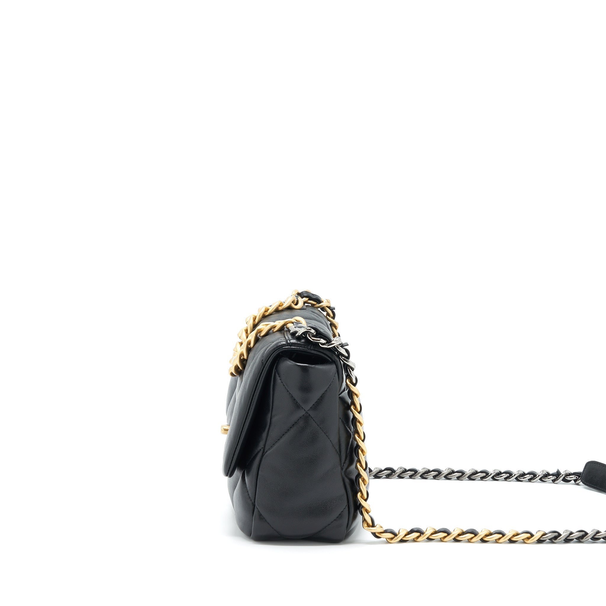 CHANEL SMALL 19 BAG LAMBSKIN BLACK WITH GOLD AND SILVER HARDWARE
