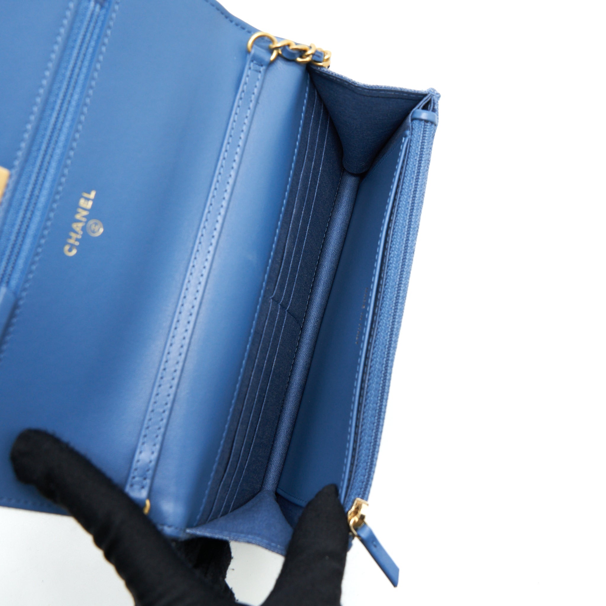 CHANEL PEARL CRUSH WALLET ON CHAIN DENIM BLUE GHW (MICROCHIP)