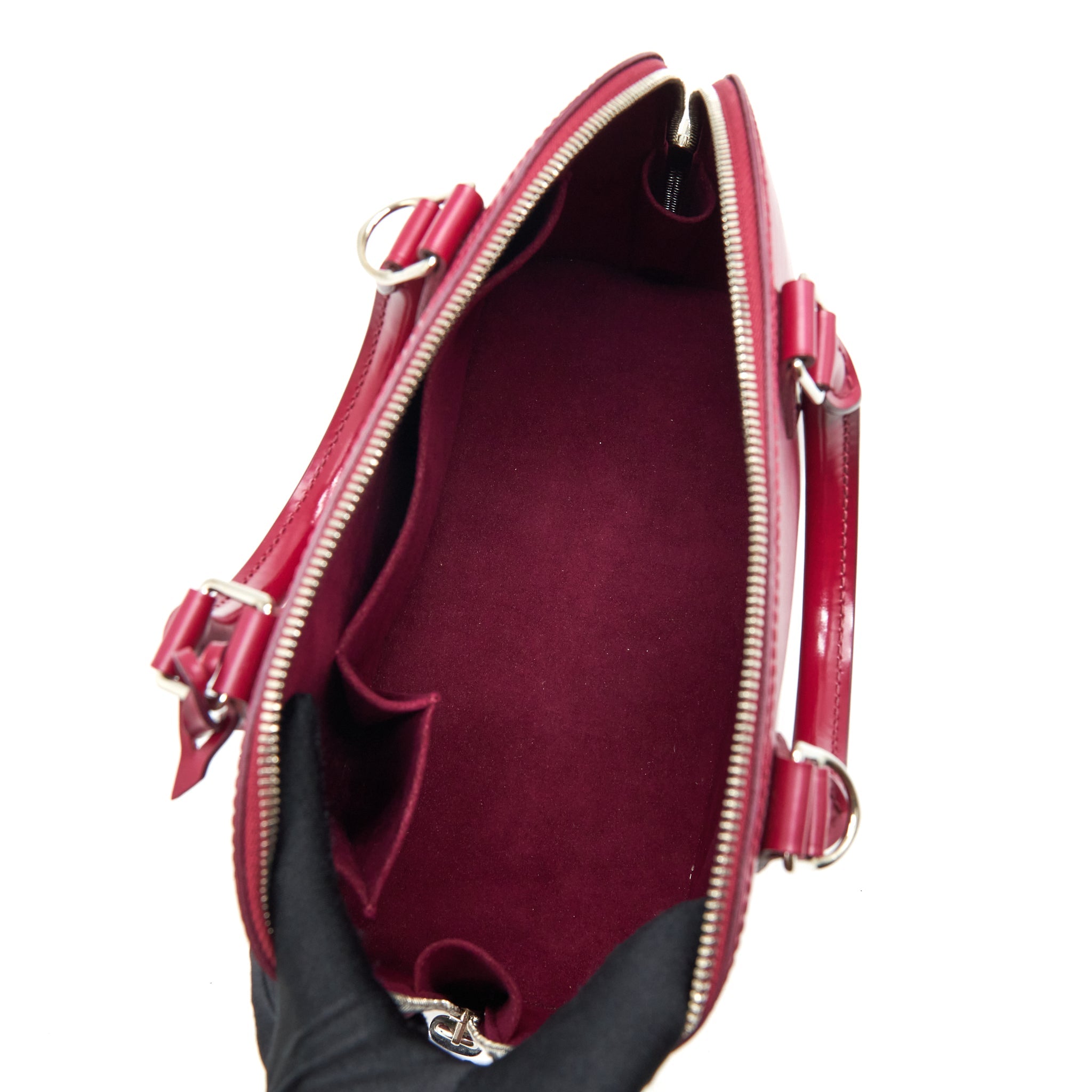 LOUIS VUITTON ALMA PM EPI DARK RED SHW WITH INITIAL J.Y ON KEY TAG