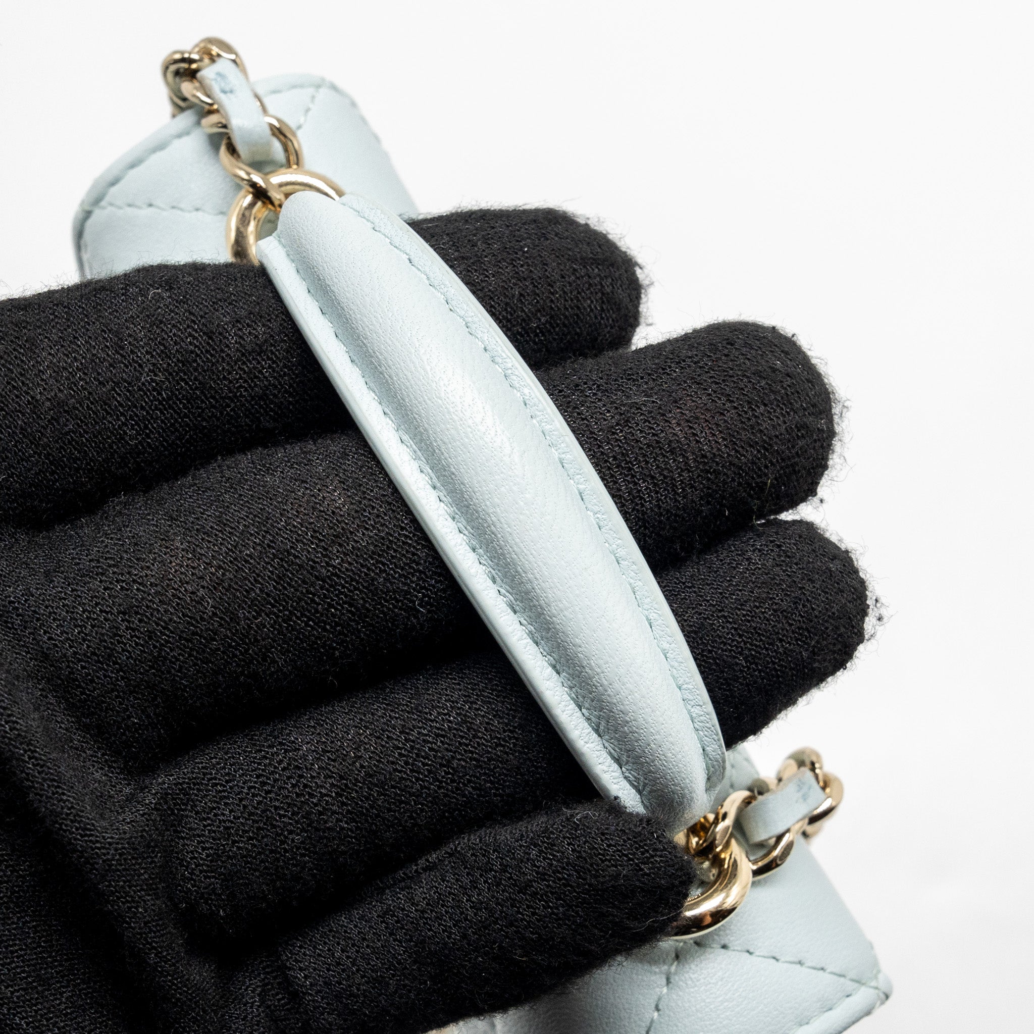 CHANEL TOP HANDLE MINI FLAP BAG WITH CHAIN LAMBSKIN LIGHT BLUE LGHW