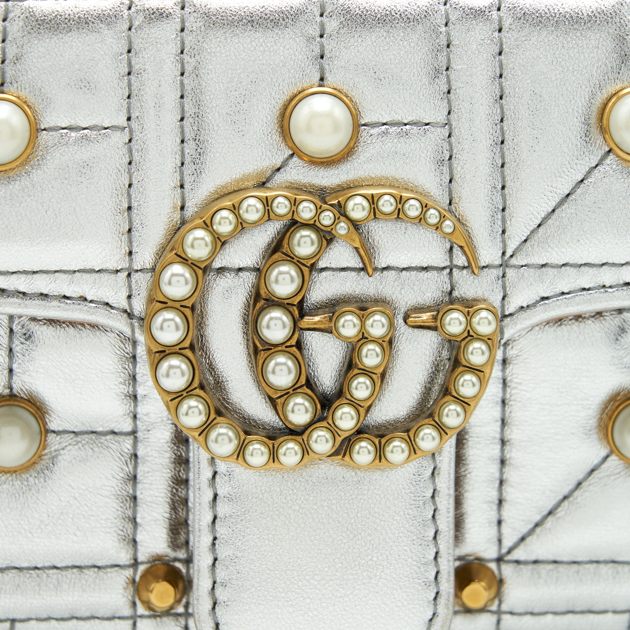 GUCCI MINI GG MARMONT FLAP BAG LIMITED EDITION SILVER WITH PEARL/GOLD HARDWARE