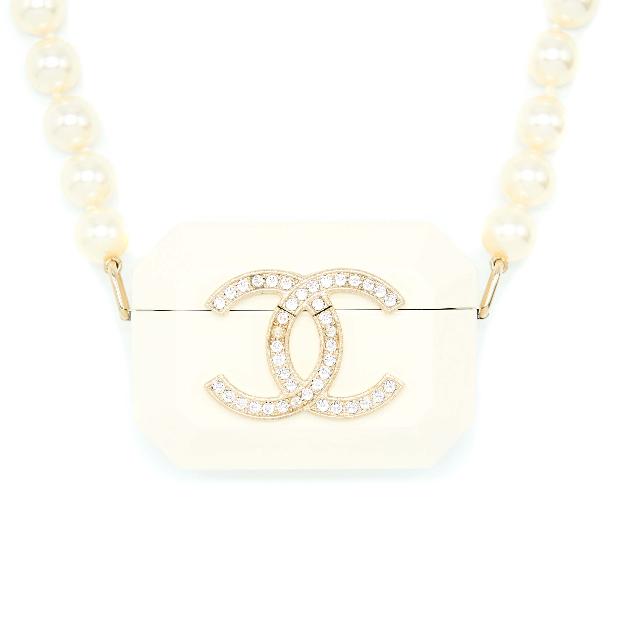 CHANEL AIRPODS CASE WITH PEARL CHAIN WHITE LGHW