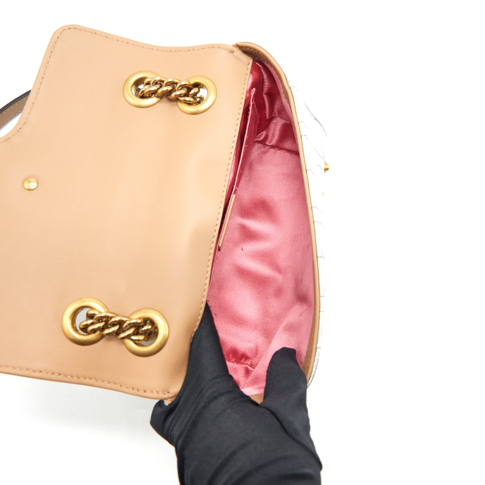 GUCCI MINI GG MARMONT FLAP BAG LIMITED EDITION SILVER WITH PEARL/GOLD HARDWARE
