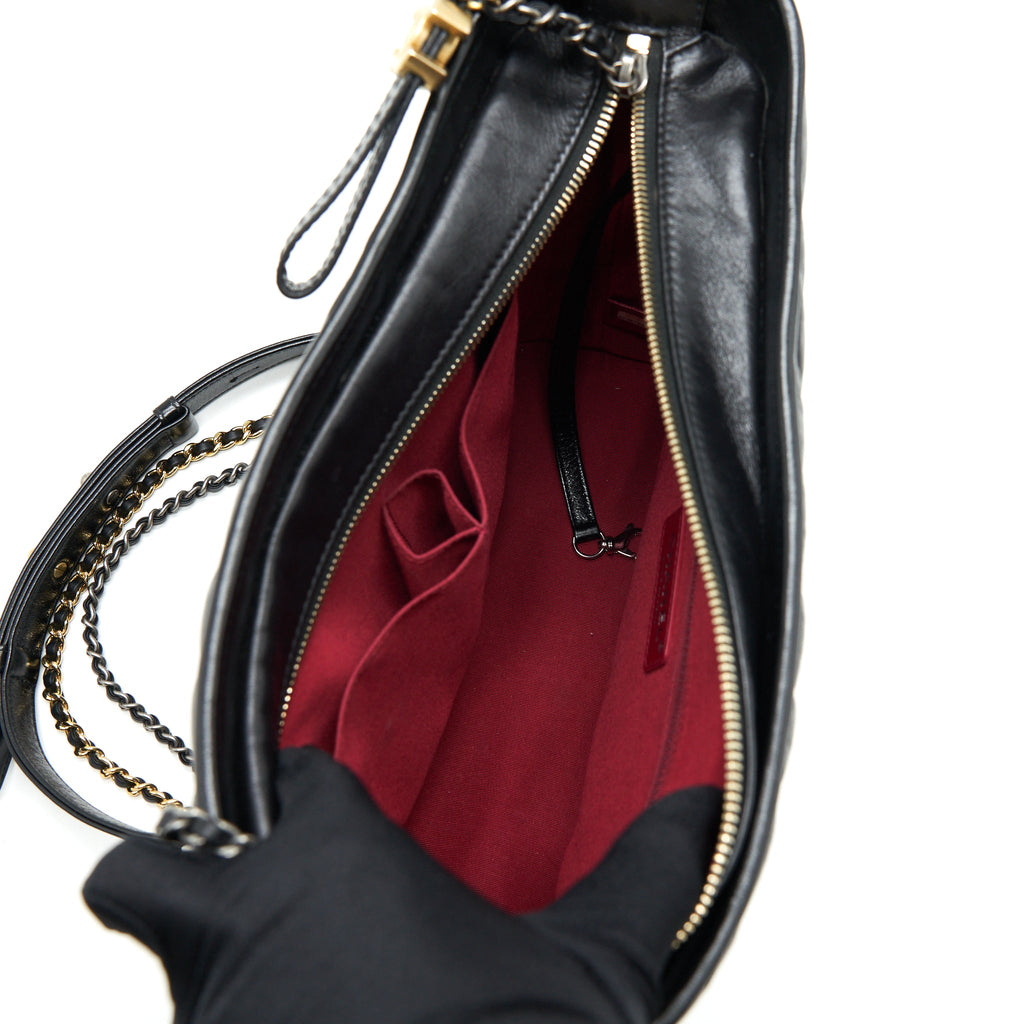 CHANEL LARGE GABRIELLE HOBO BAG CHEVRON CALFSKIN BLACK WITH GOLD/SLIVER HARDWARE