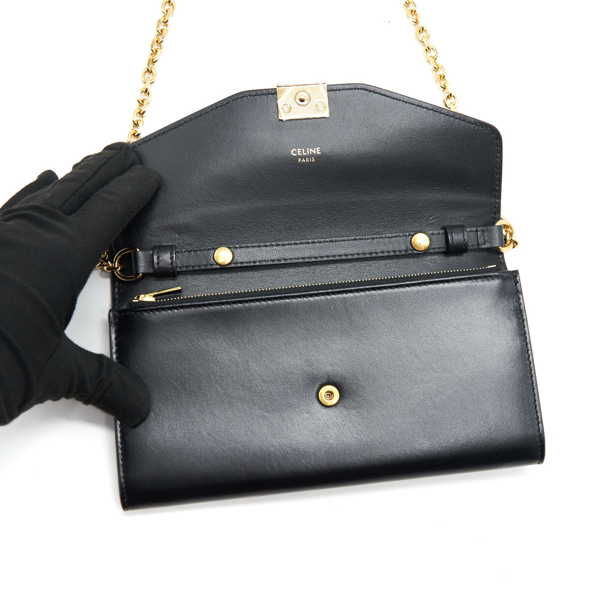 CELINE CALFSKIN C WALLET ON CHAIN BAG BLACK GHW