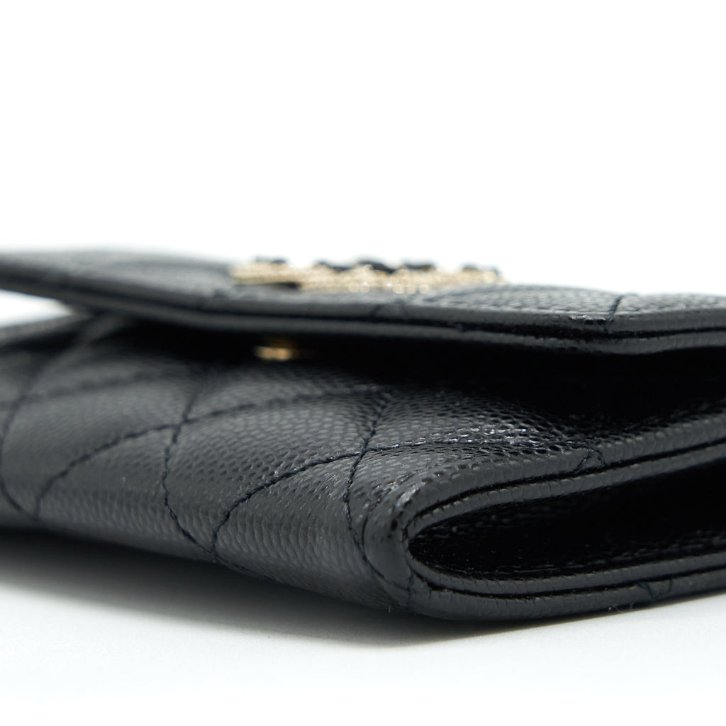 CHANEL 22S DETAILED LOGO MINI FLAP CARD HOLDER CAVIAR BLACK LGHW