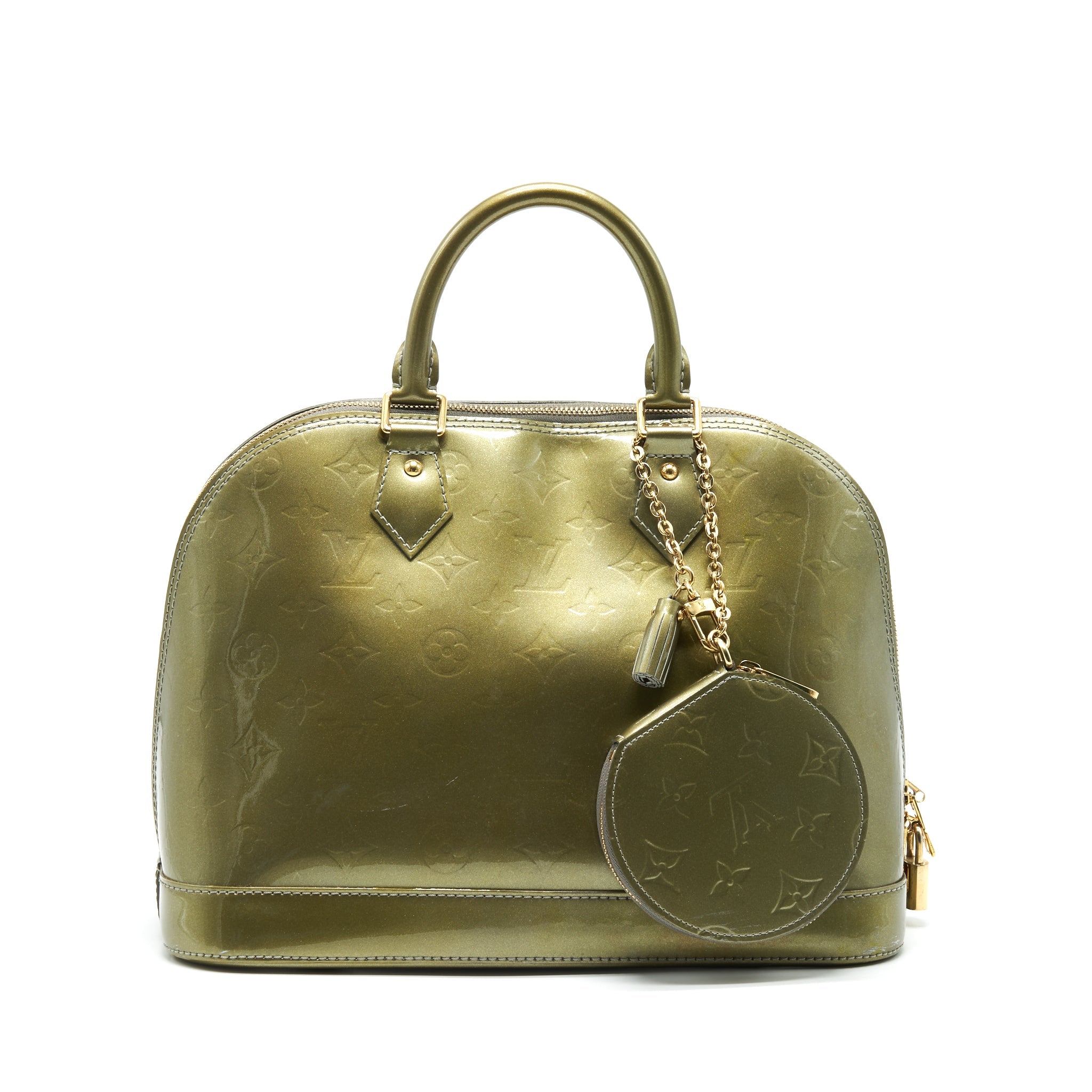 LOUIS VUITTON PATENT ALMA PM OLIVE GREEN WTH COIN PURSE ACCESSORY