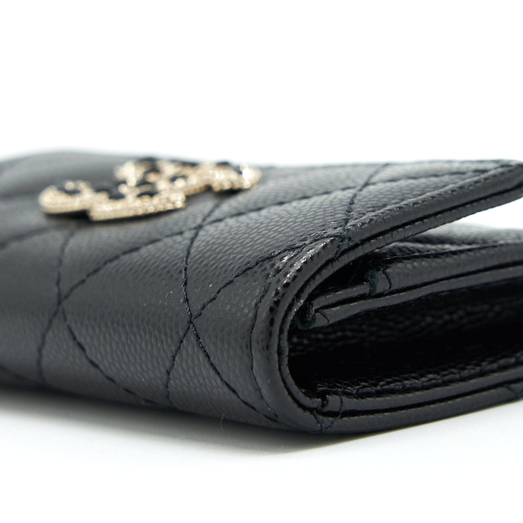 CHANEL 22S DETAILED LOGO MINI FLAP CARD HOLDER CAVIAR BLACK LGHW