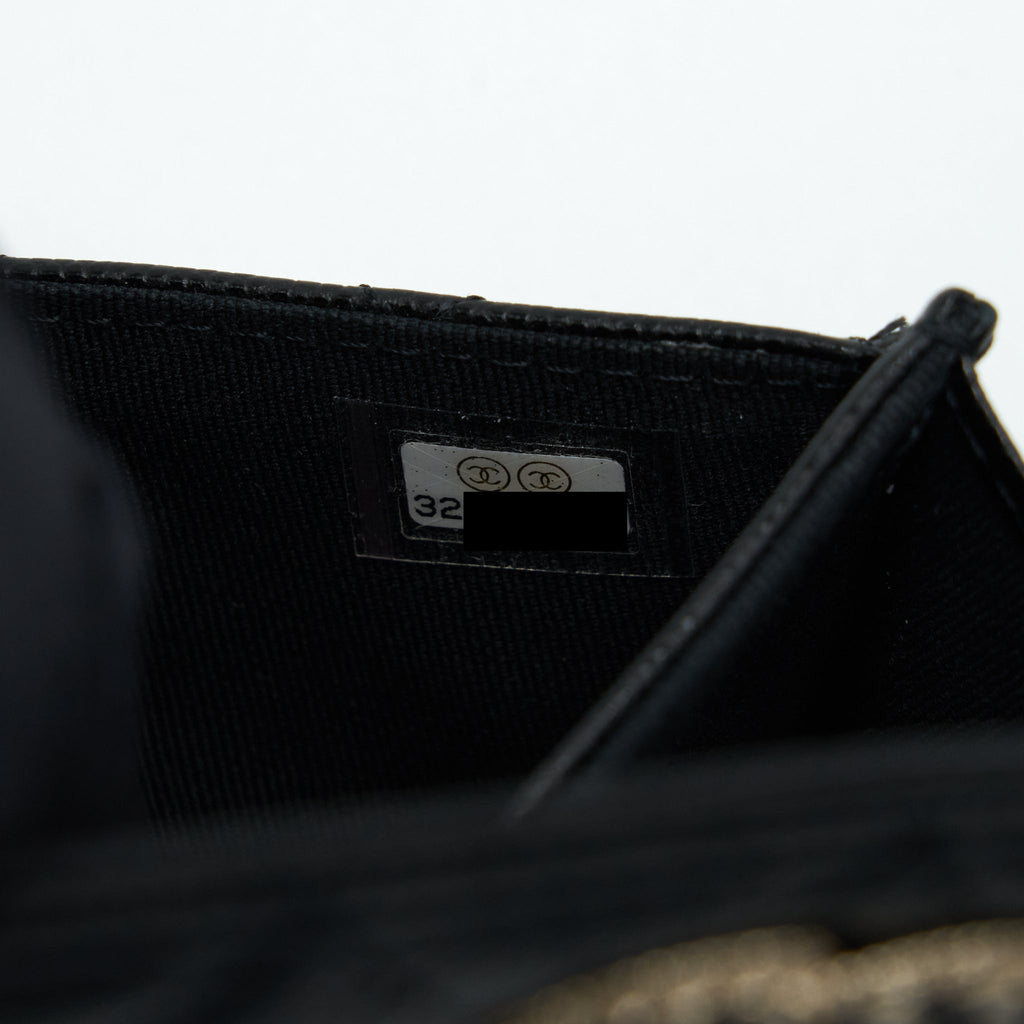 CHANEL 22S DETAILED LOGO MINI FLAP CARD HOLDER CAVIAR BLACK LGHW