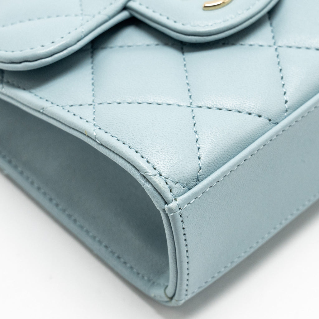 CHANEL TOP HANDLE MINI FLAP BAG LAMBSKIN LIGHT BLUE LGHW