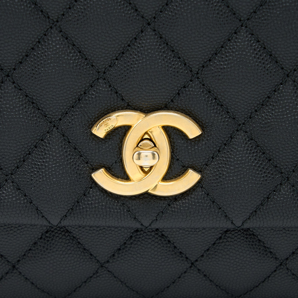 CHANEL MEDIUM COCO HANDLE CAVIAR WITH LIZARD HANDLE BLACK BRUSHED GHW