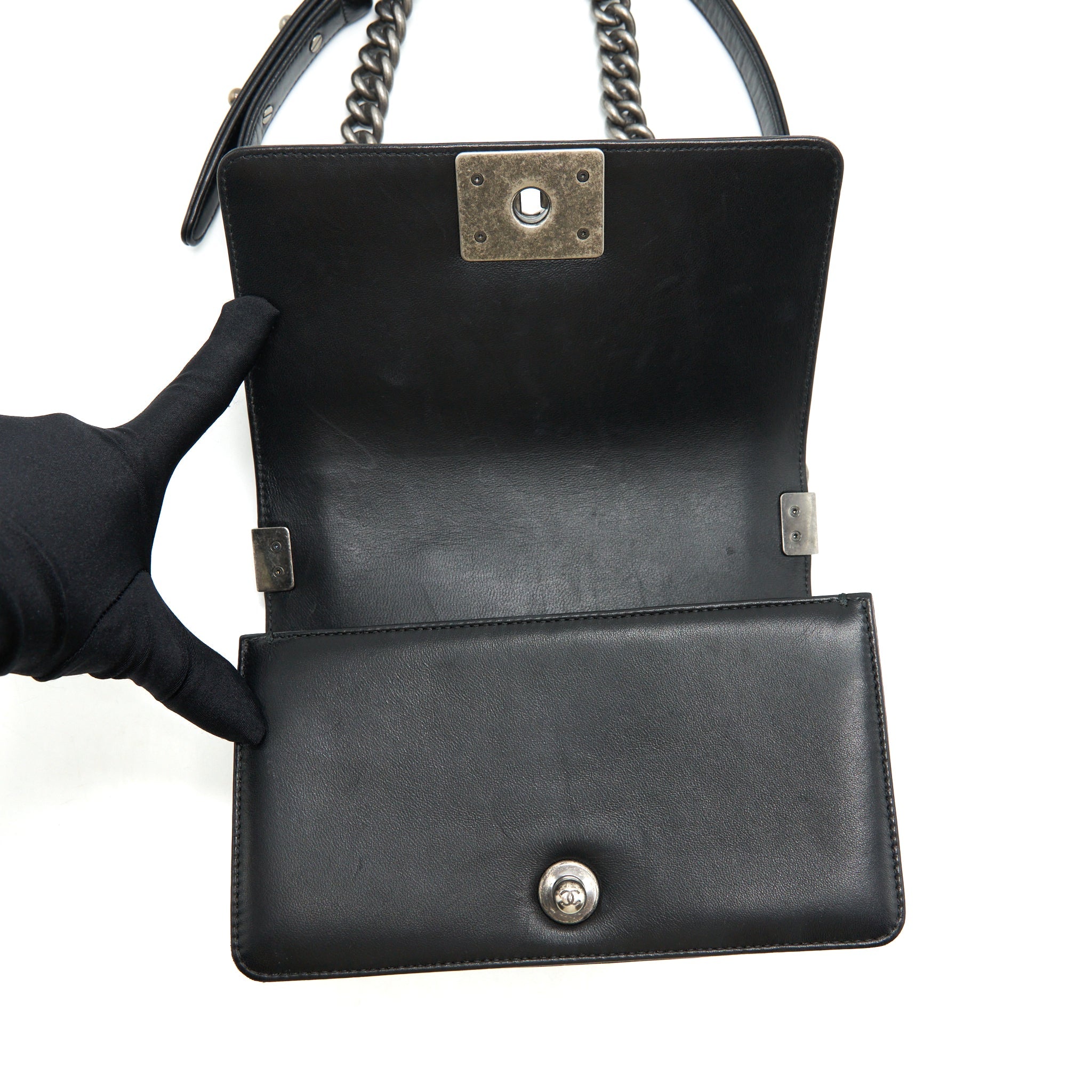 CHANEL SMALL BOY WITH CRYSTALS LAMBSKIN BLACK RUTHENIUM HARDWARE