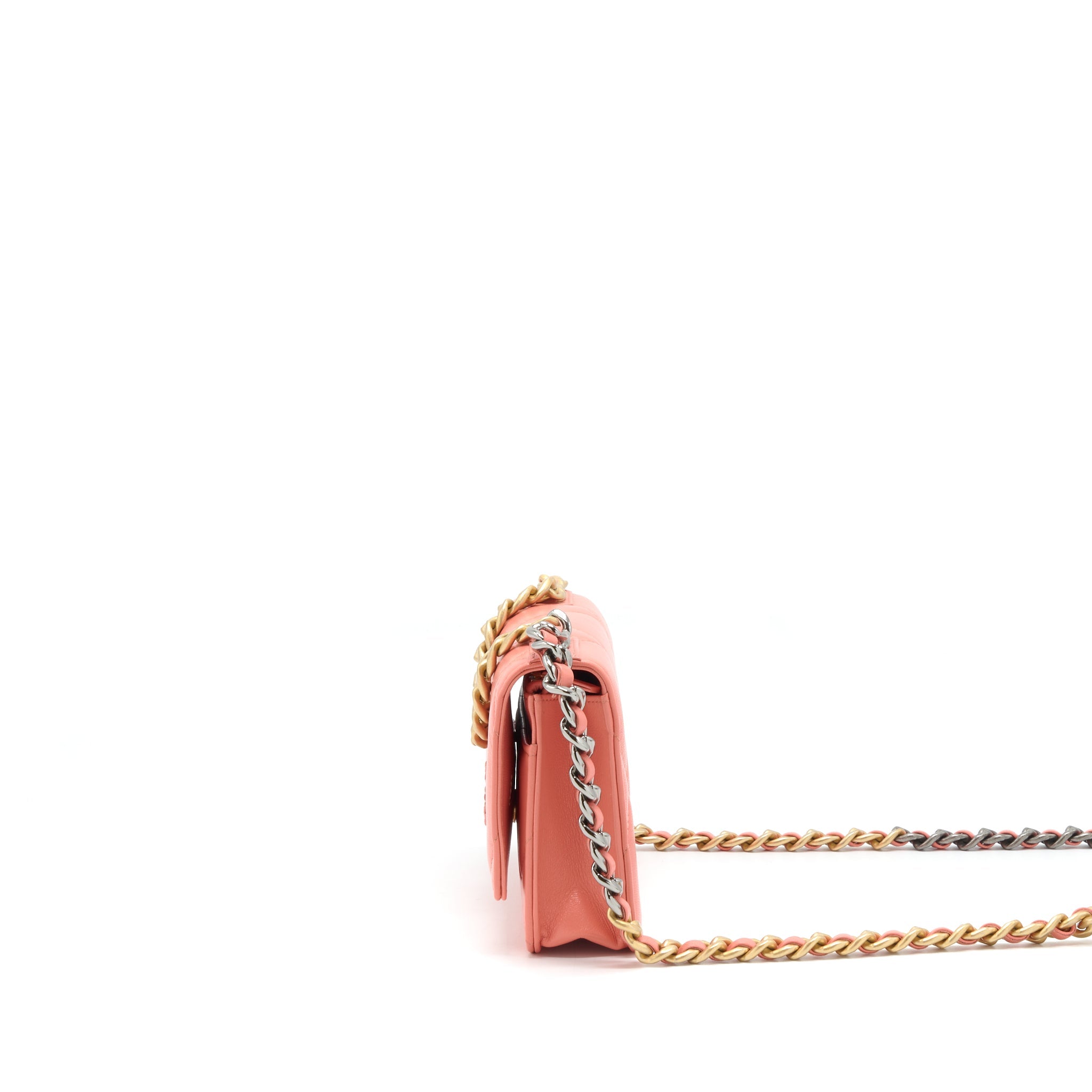 CHANEL 19 WALLET ON CHAIN GOATSKIN PINK WITH GOLD AND SILVER HARDWARE