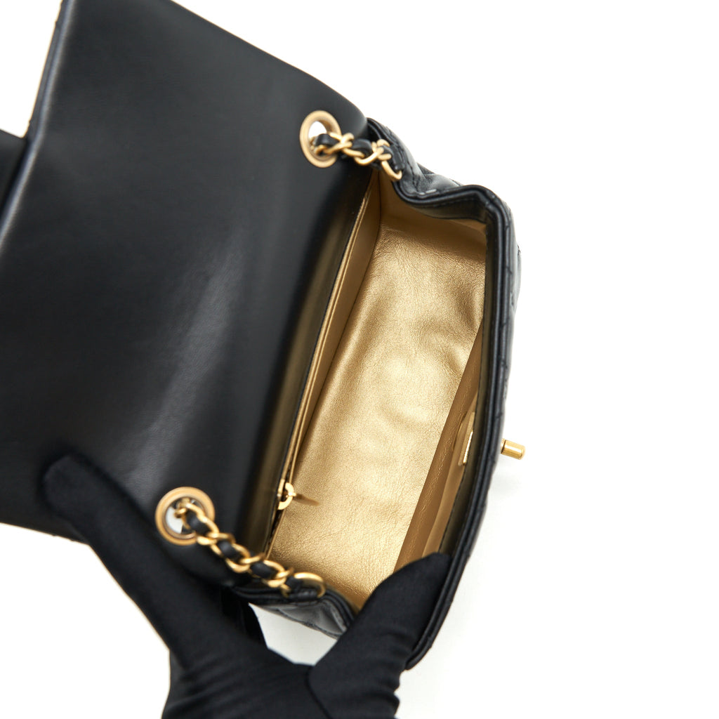 CHANEL 22C PEARL CRUSH MINI SQUARE FLAP BAG LAMBSKIN BLACK GHW (MICROCHIP)