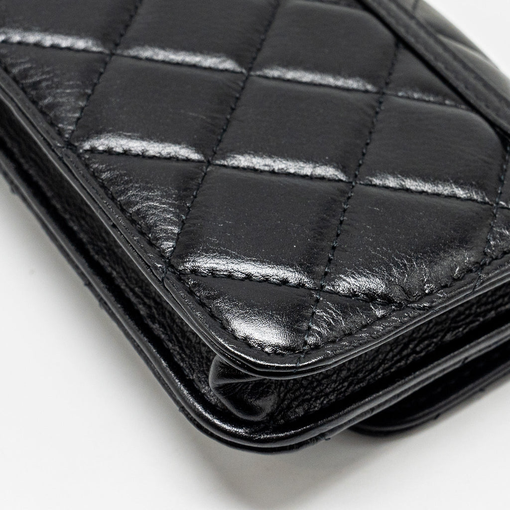 CHANEL CC LOGO CLUTCH WITH GIANT PEARL CHAIN LAMBSKIN BLACK LGHW