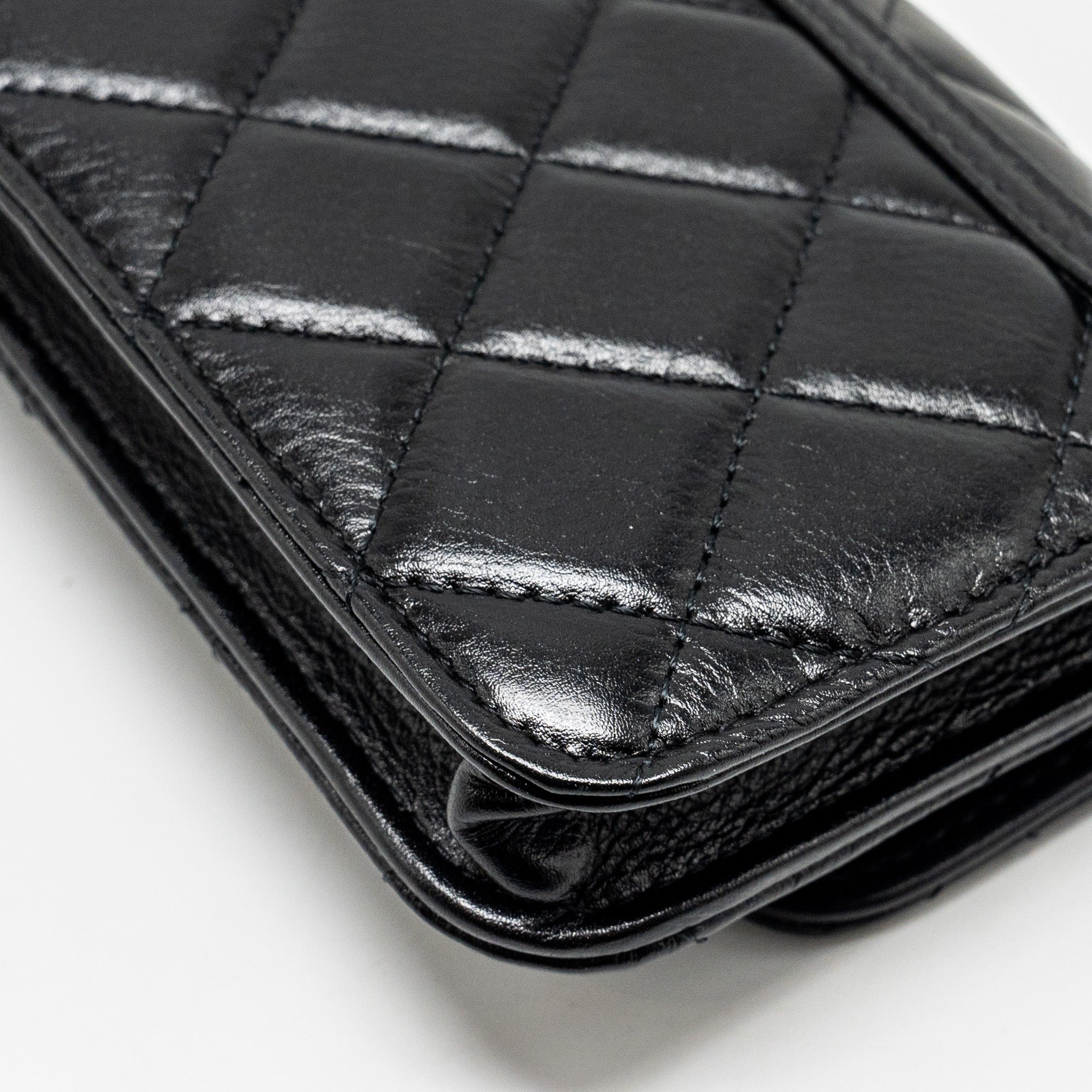CHANEL CC LOGO CLUTCH WITH GIANT PEARL CHAIN LAMBSKIN BLACK LGHW