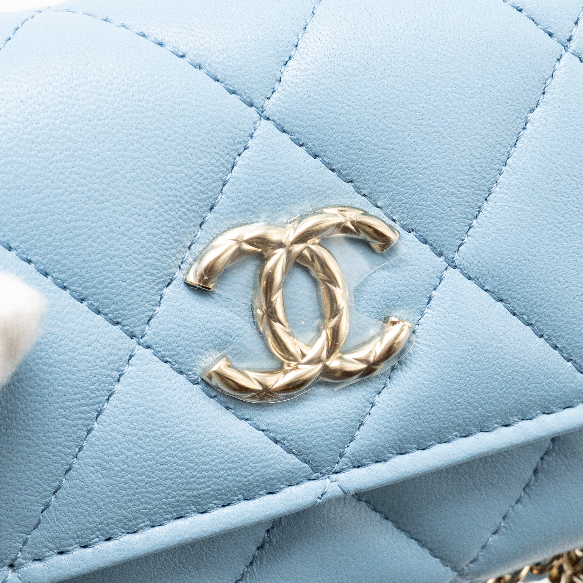 CHANEL MINI FLAP CLUTCH WITH CHAIM LAMBSKIN LIGHT BLUE LGHW