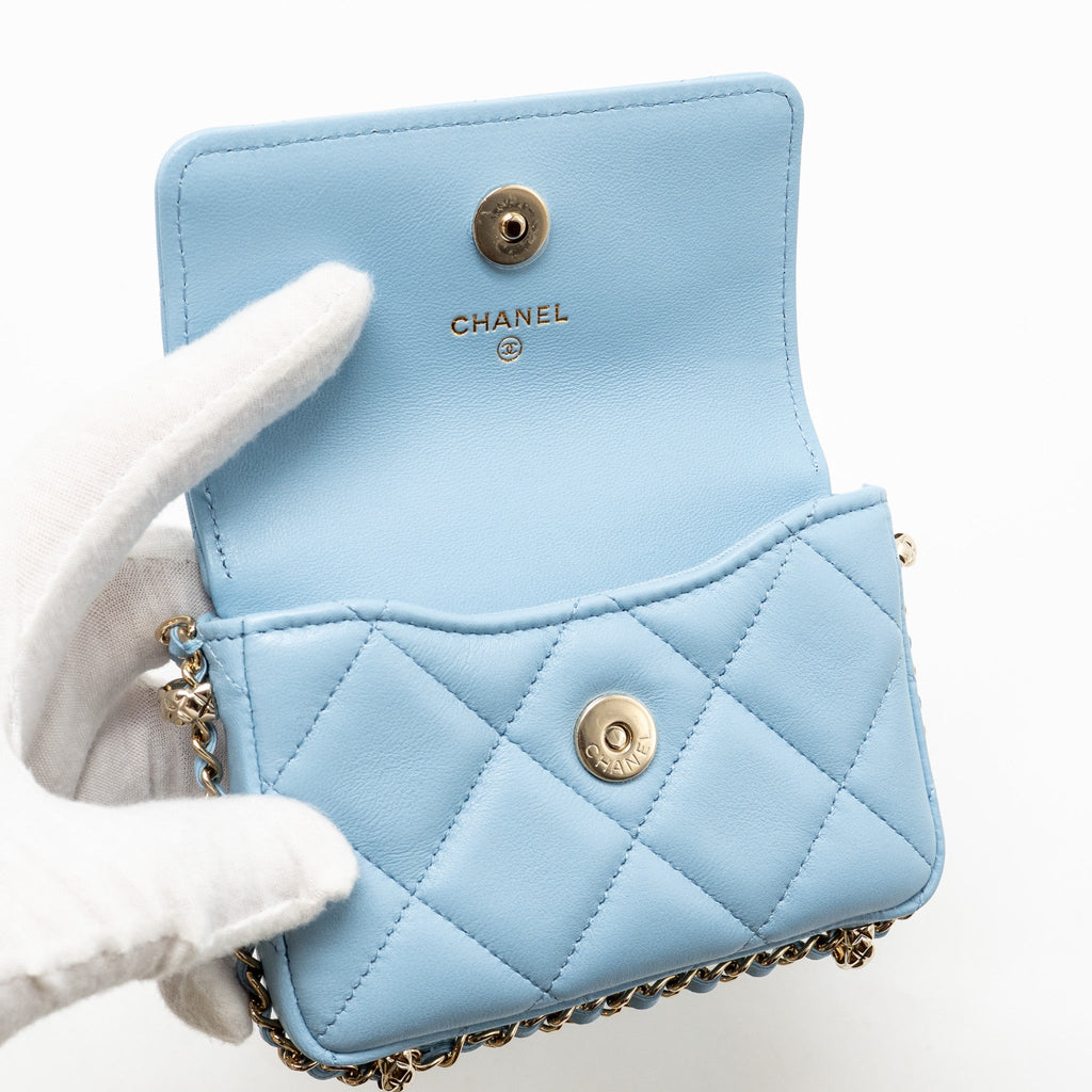 CHANEL MINI FLAP CLUTCH WITH CHAIM LAMBSKIN LIGHT BLUE LGHW