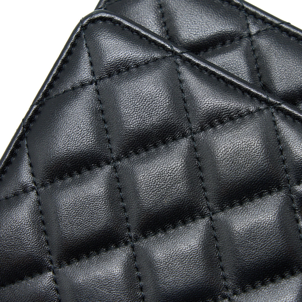 CHANEL QUILTED WALLET ON CHAIN WITH CAMELLIA CHAIN LAMBSKIN BLACK LGHW