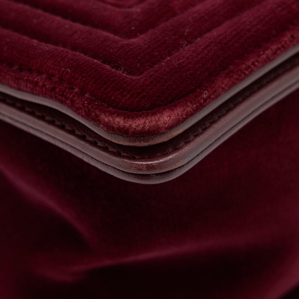 CHANEL MEDIUM BOY BAG VELVET DARK RED RUTHENIUM SHW