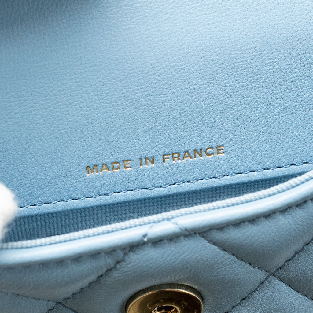 CHANEL MINI FLAP CLUTCH WITH CHAIM LAMBSKIN LIGHT BLUE LGHW
