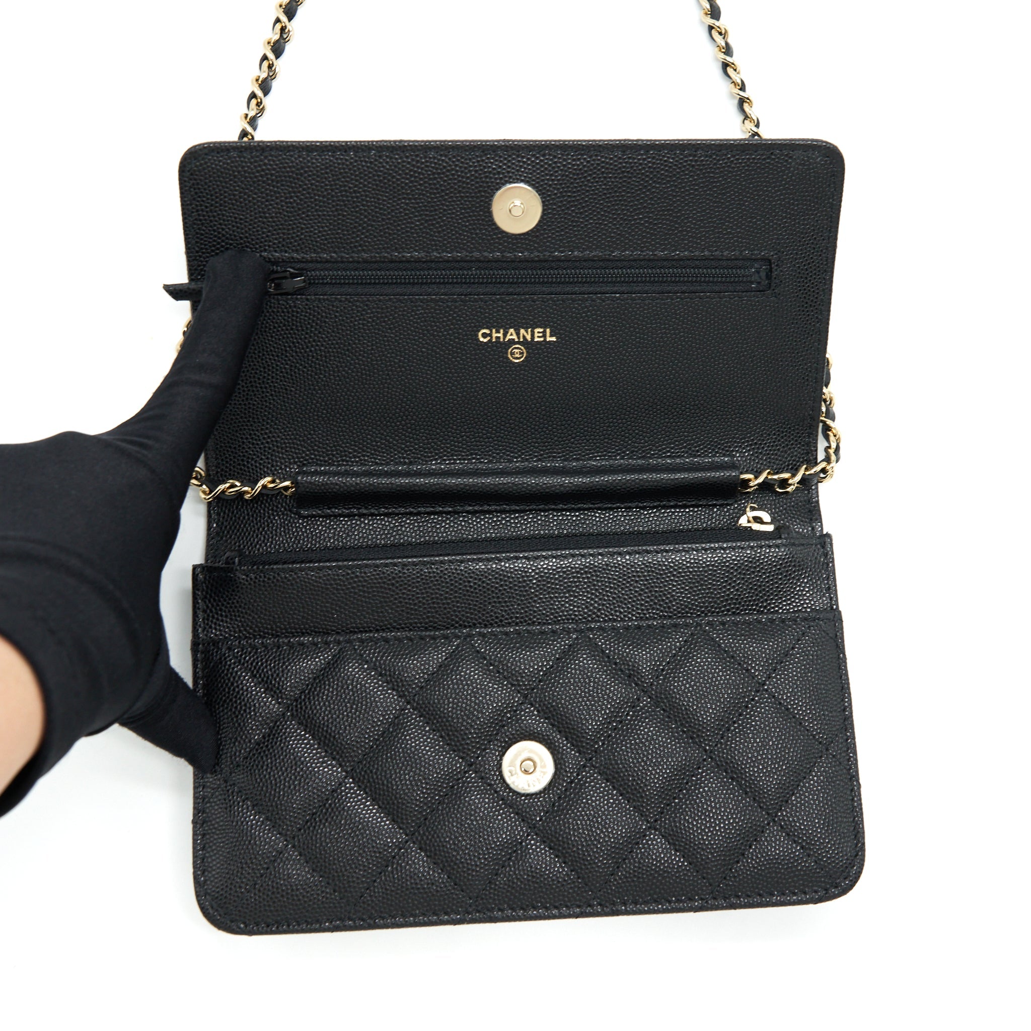CHANEL 22S DETAILED LOGO WALLET ON CHAIN CAVIAR BLACK LGHW (MICROCHIP)
