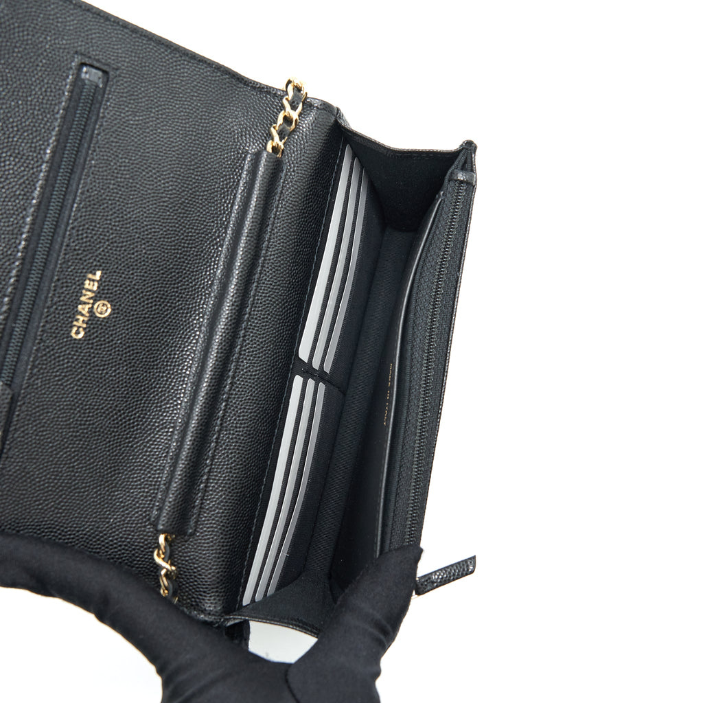 CHANEL 22S DETAILED LOGO WALLET ON CHAIN CAVIAR BLACK LGHW (MICROCHIP)
