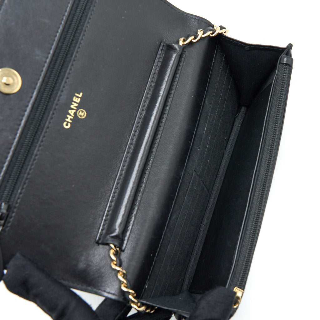 CHANEL QUILTED WALLET ON CHAIN WITH CAMELLIA CHAIN LAMBSKIN BLACK LGHW