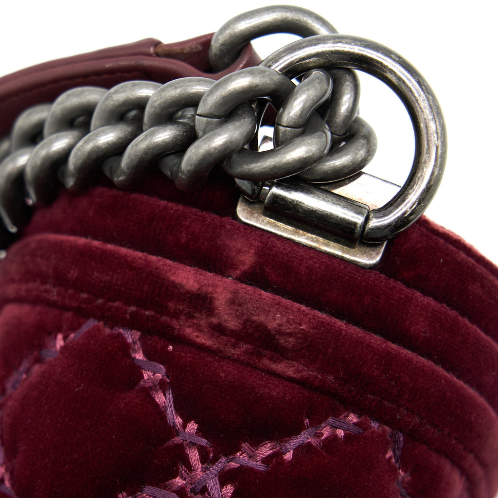CHANEL MEDIUM BOY BAG VELVET DARK RED RUTHENIUM SHW