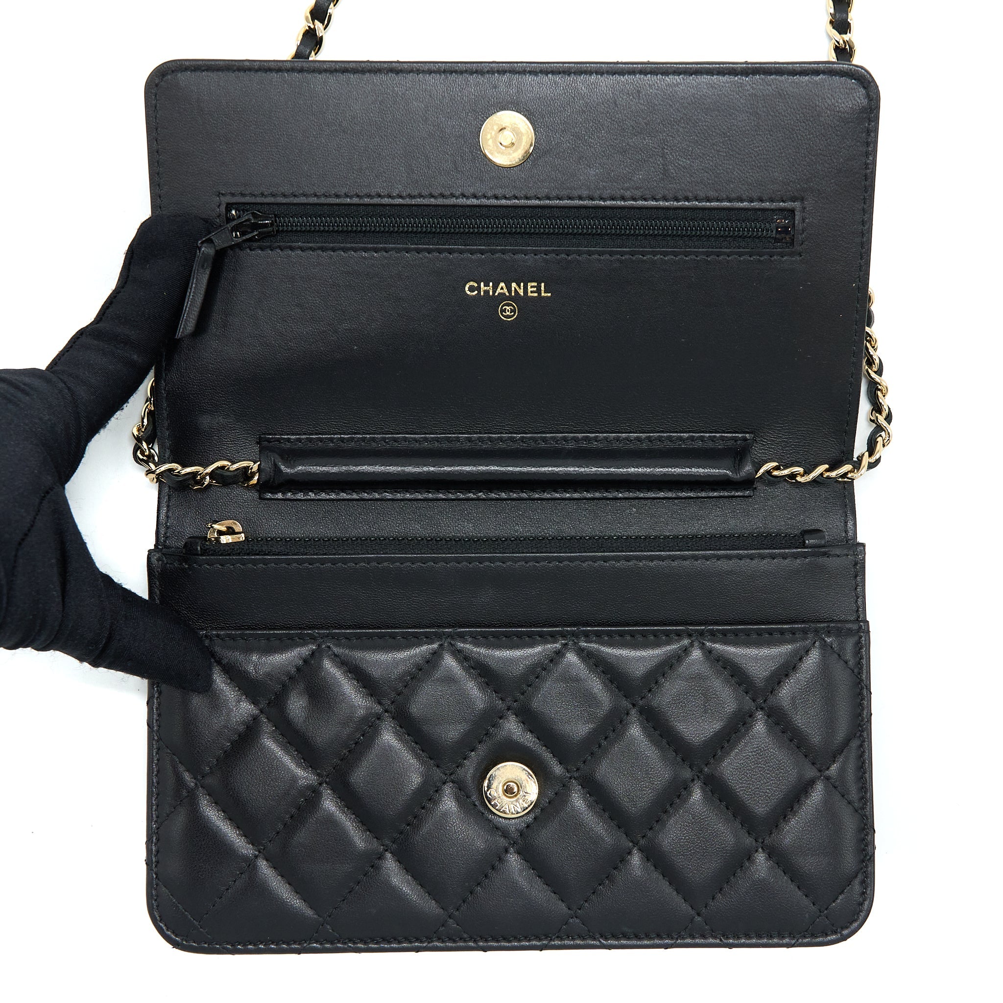CHANEL QUILTED WALLET ON CHAIN WITH CAMELLIA CHAIN LAMBSKIN BLACK LGHW