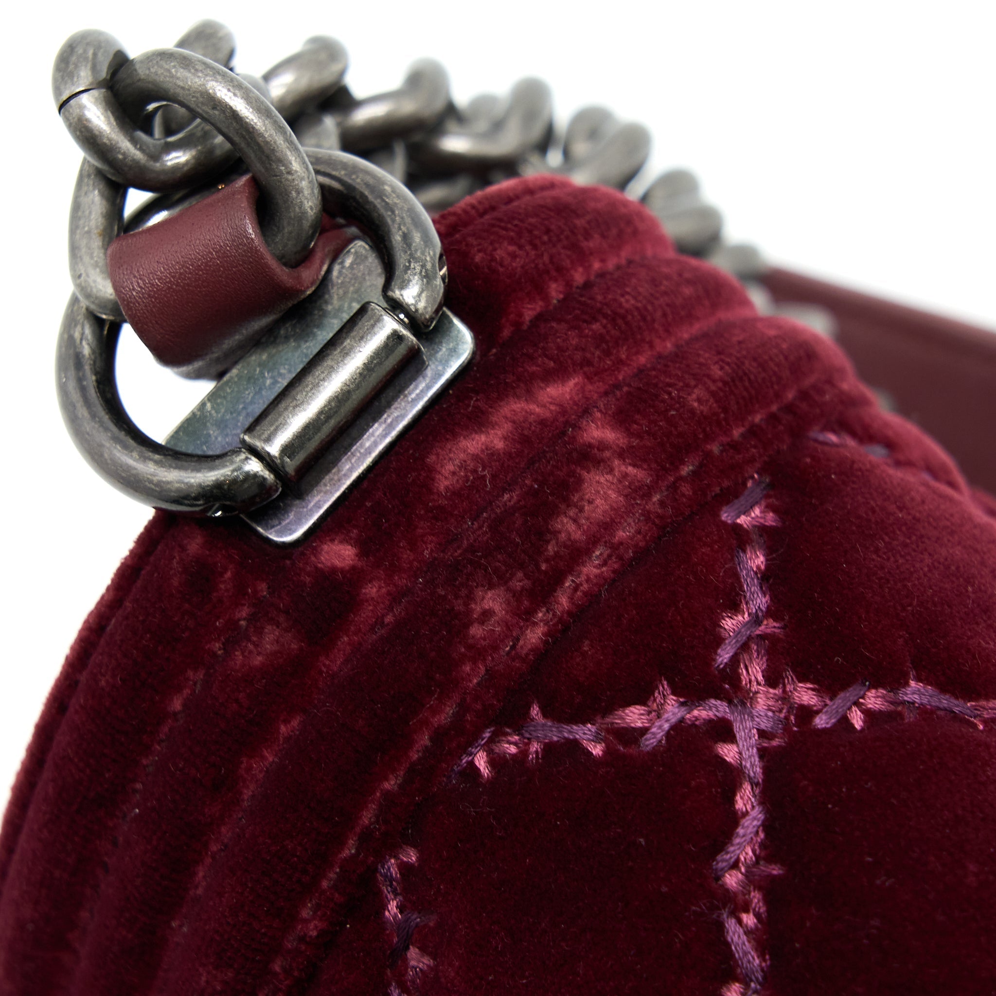 CHANEL MEDIUM BOY BAG VELVET DARK RED RUTHENIUM SHW