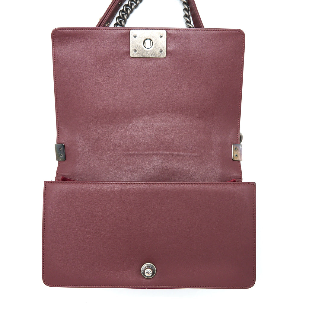 CHANEL MEDIUM BOY BAG VELVET DARK RED RUTHENIUM SHW