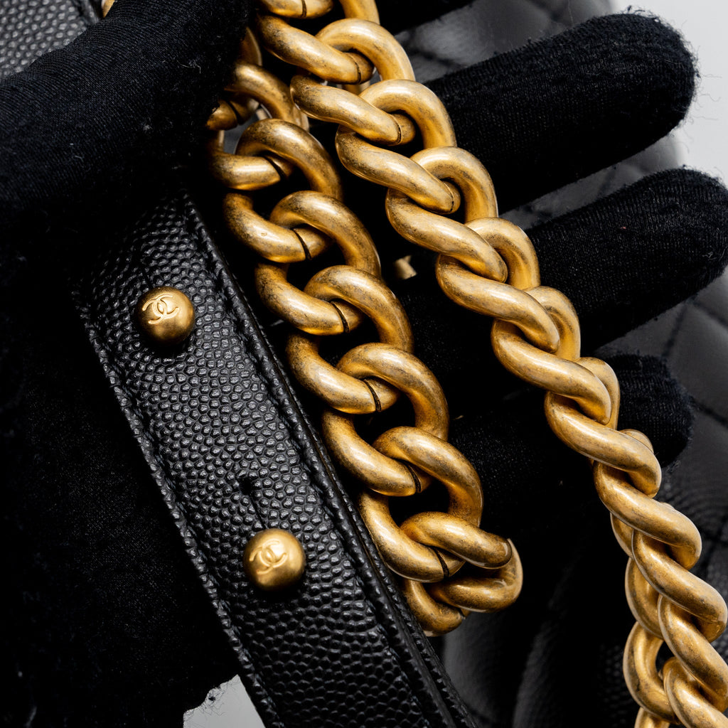 CHANEL MEDIUM CLASSIC BOY BAG CAVIAR BLACK BRUSHED GHW (MICROCHIP)