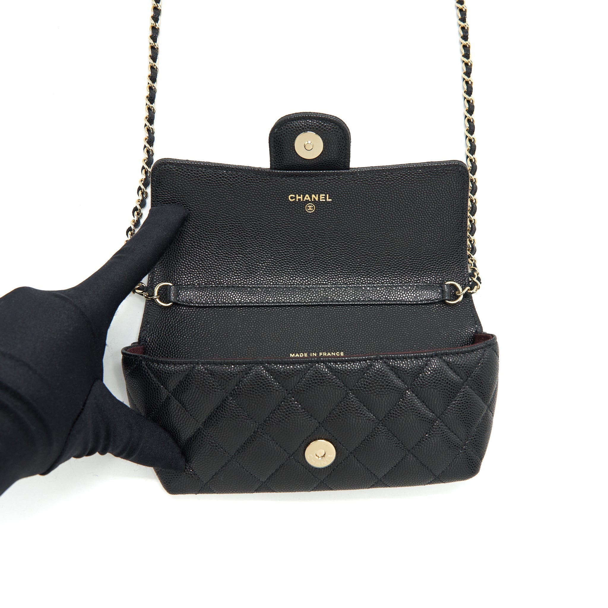 CHANEL GLASSES CASE WITH CHAIN CAVIAR BLACK LGHW