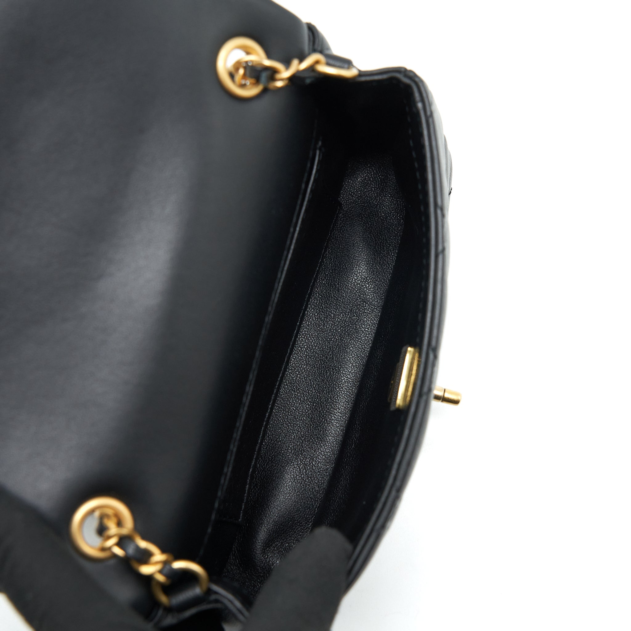 CHANEL SEASONAL MINI RECTANGULAR FLAP BAG HEART CHARM CHAIN LAMBSKIN BLACK GHW (MICROCHIP)