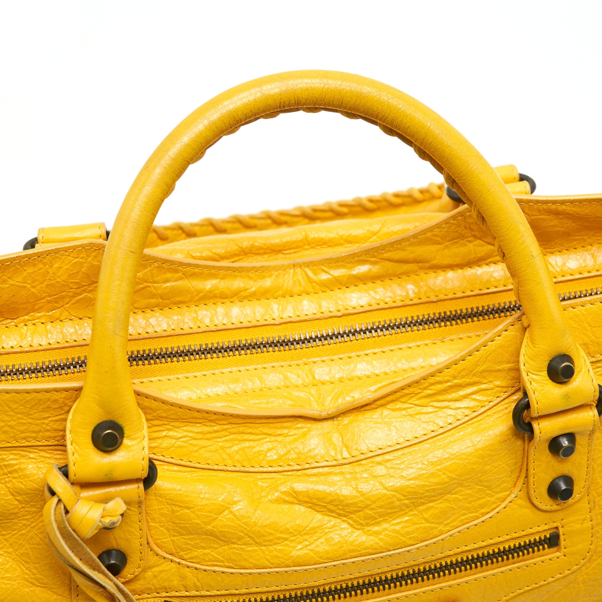 BALENCIAGA CLASSIC CITY BAG YELLOW RUTHENIUM HARDWARE