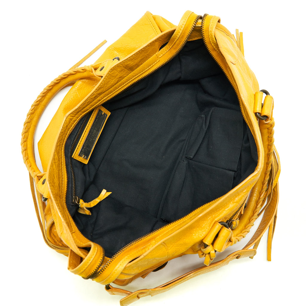 BALENCIAGA CLASSIC CITY BAG YELLOW RUTHENIUM HARDWARE