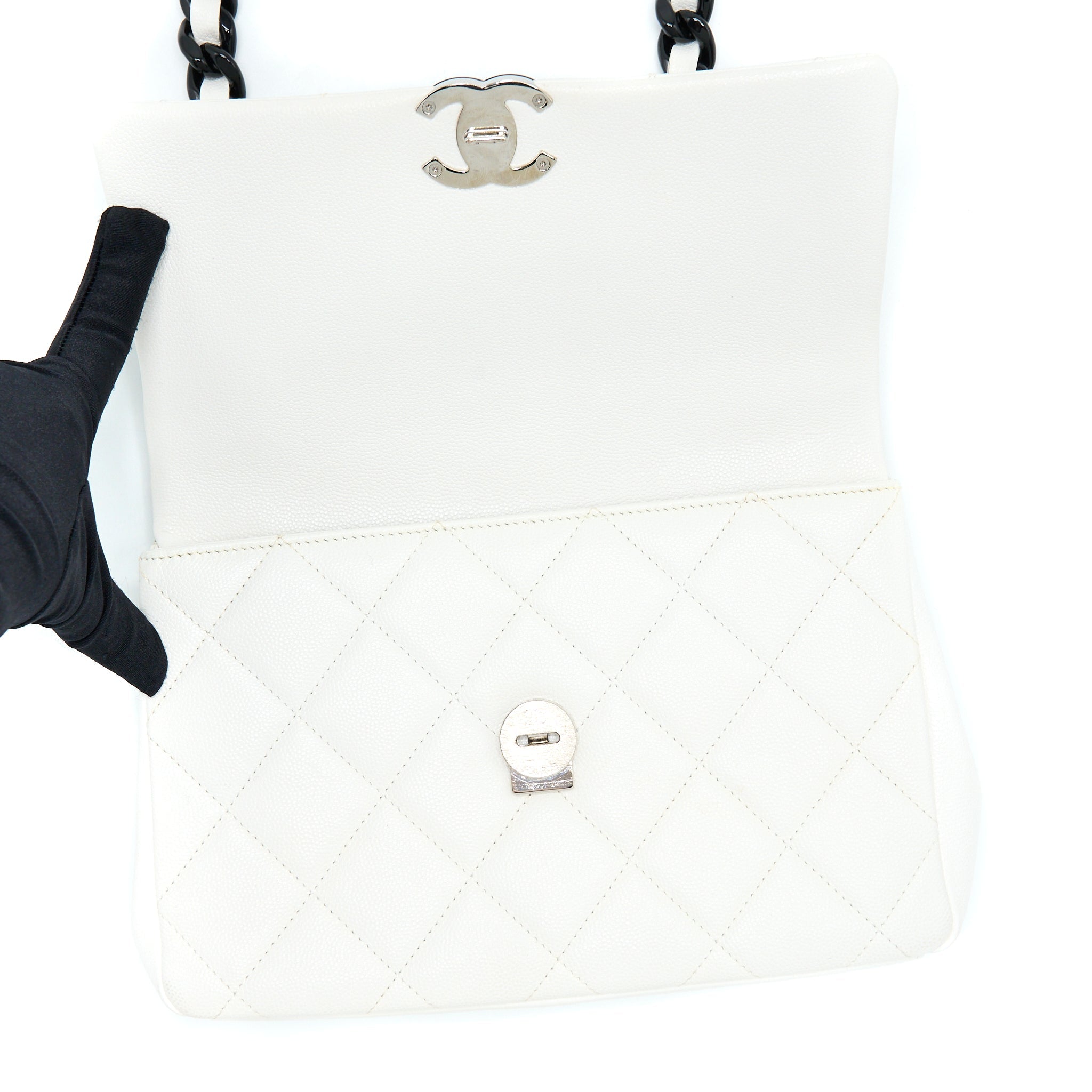 CHANEL SEASONAL FLAP BAG CAVIAR WHITE WITH BLACK HARDWARE