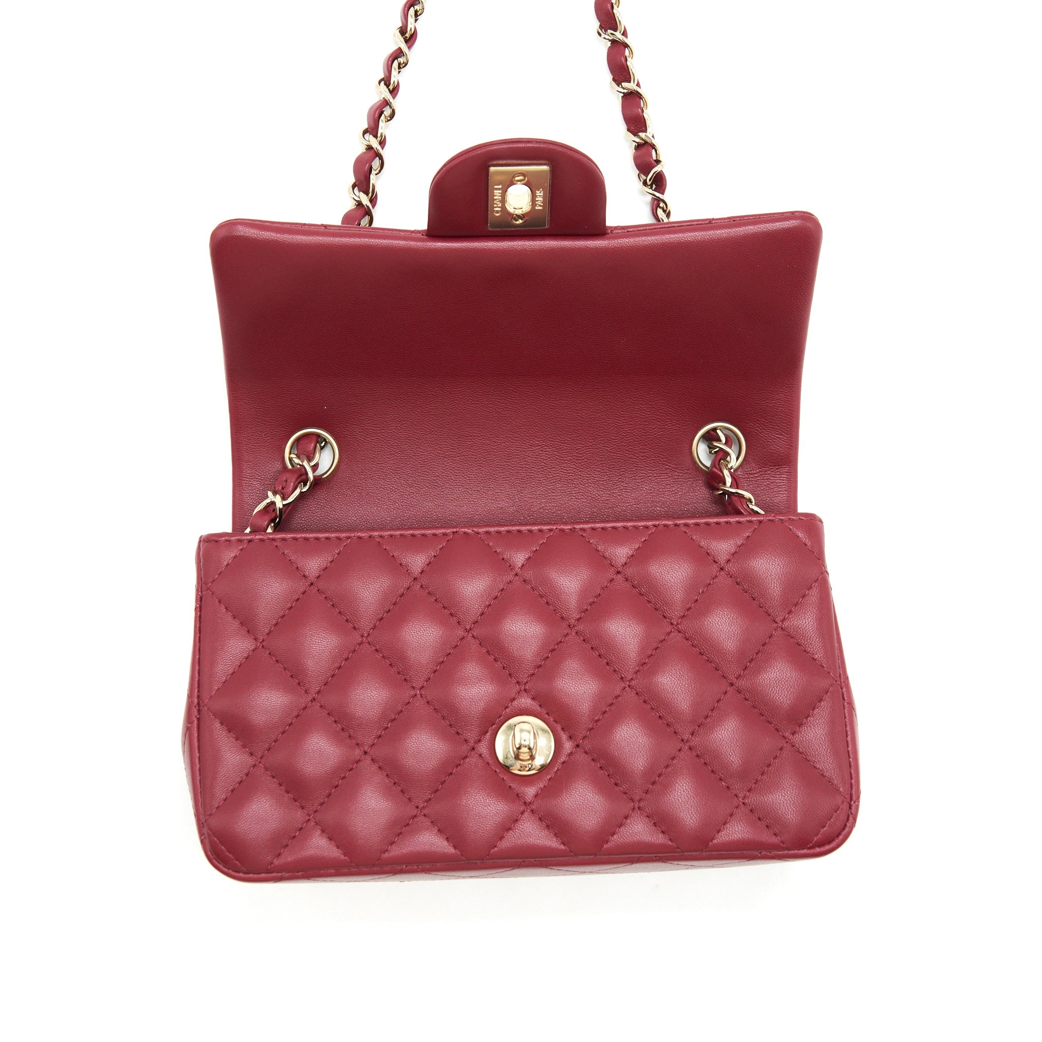 CHANEL 22C MINI RECTANGULAR FLAP BAG LAMBSKIN DARK RED LGHW MICROCHIP