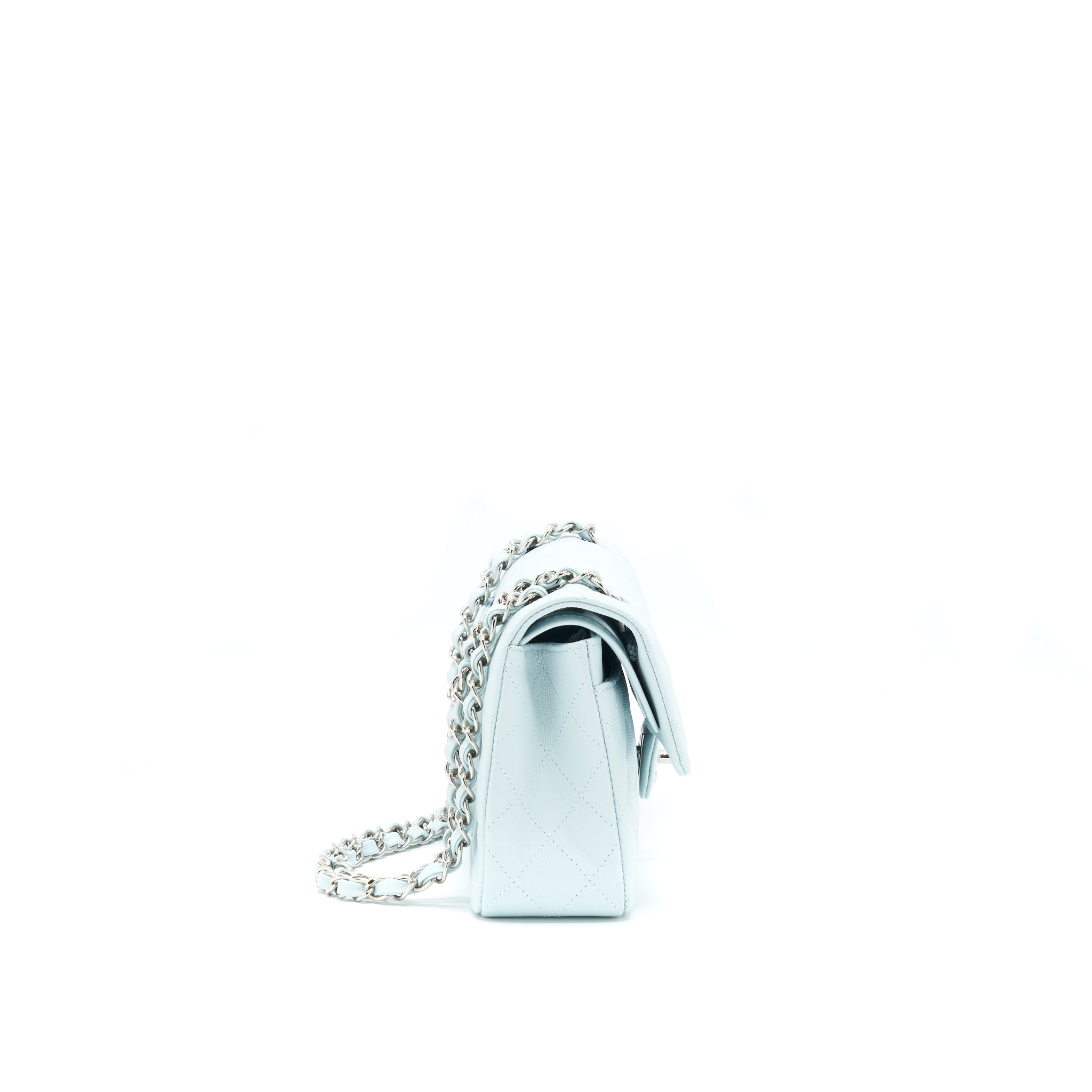 CHANEL 21K SMALL CLASSIC DOUBLE FLAP BAG CAVIAR LIGHT BLUE SHW (MICROCHIP)