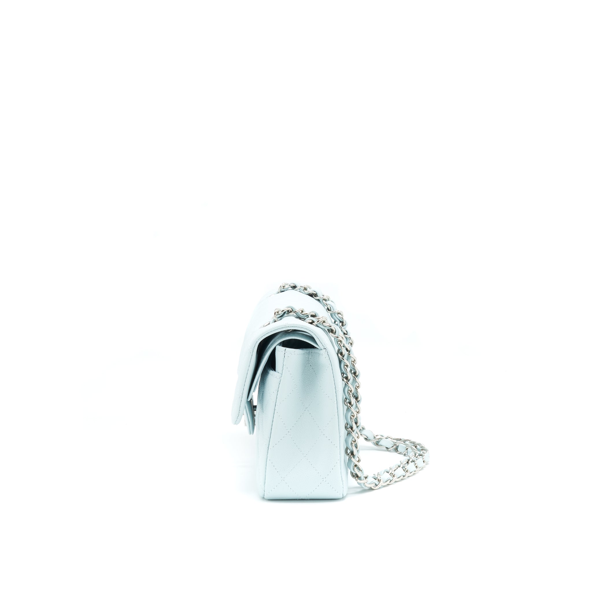 CHANEL 21K SMALL CLASSIC DOUBLE FLAP BAG CAVIAR LIGHT BLUE SHW (MICROCHIP)