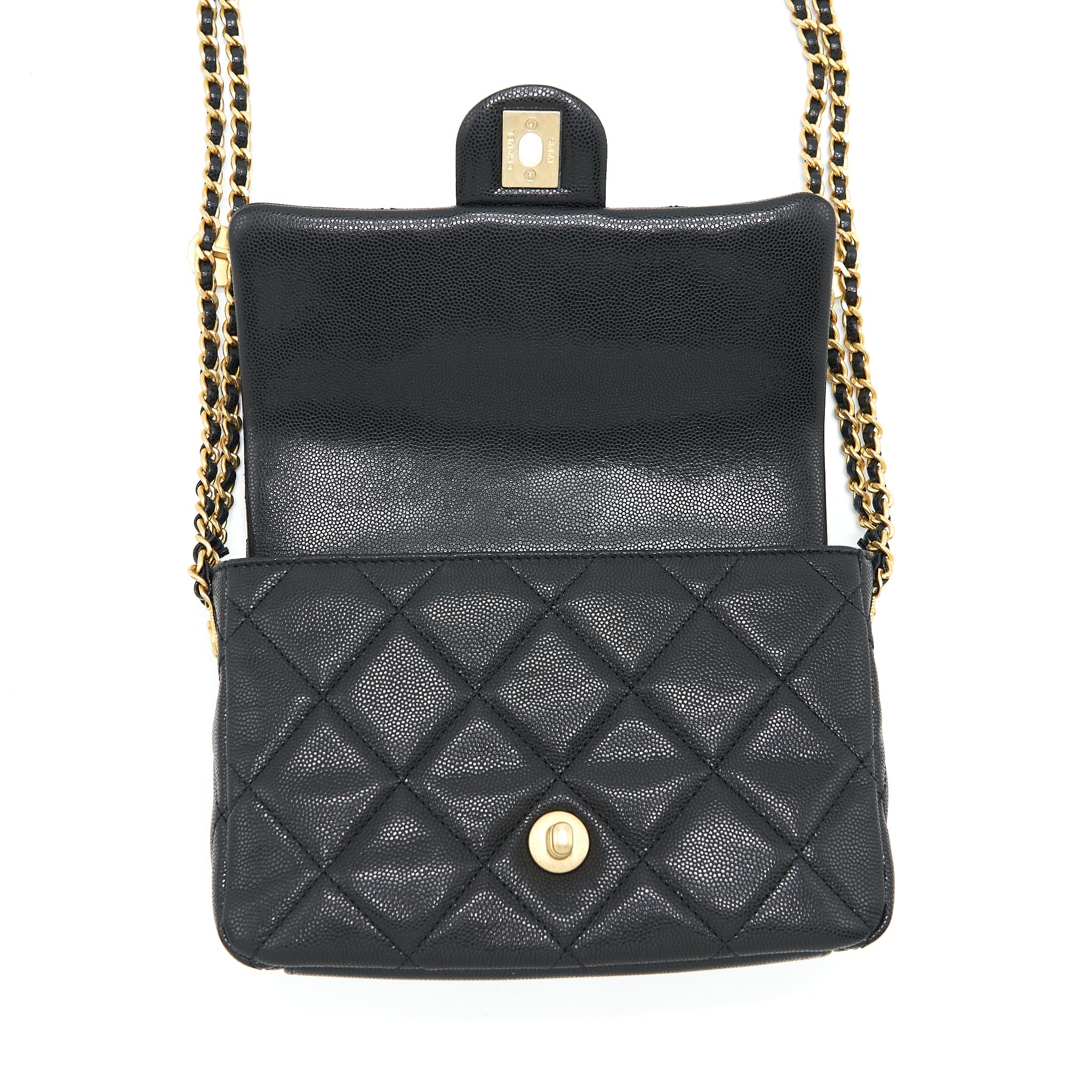 CHANEL 22A SMALL FLAP BAG WITH BUTTON ON CHAINS CAVIAR BLACK BRUSHED GHW