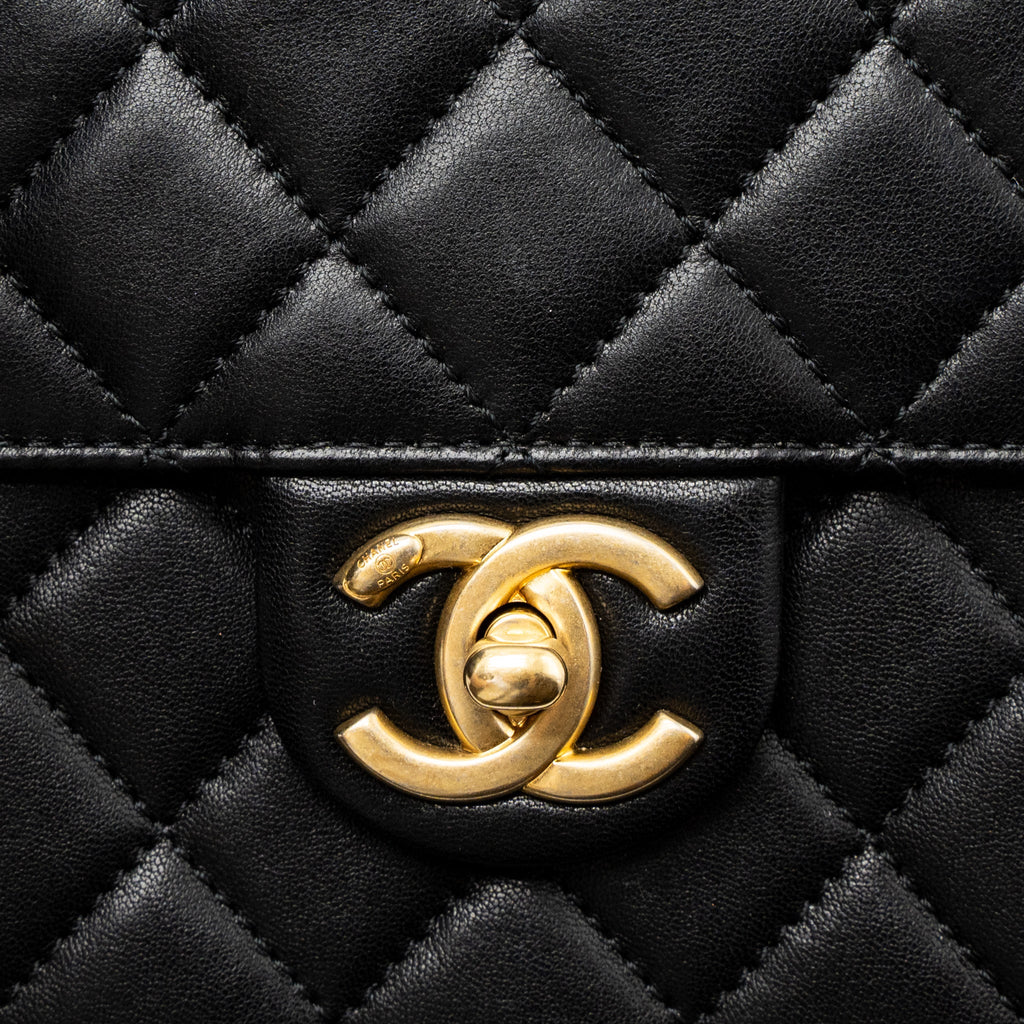 CHANEL SQUARE PEARL FLAP BAG LAMBSKIN BLACK BRUSHED GHW