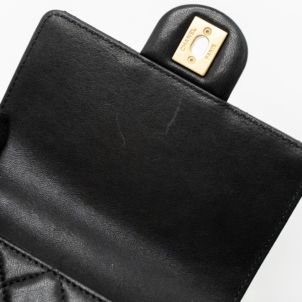 CHANEL SQUARE PEARL FLAP BAG LAMBSKIN BLACK BRUSHED GHW