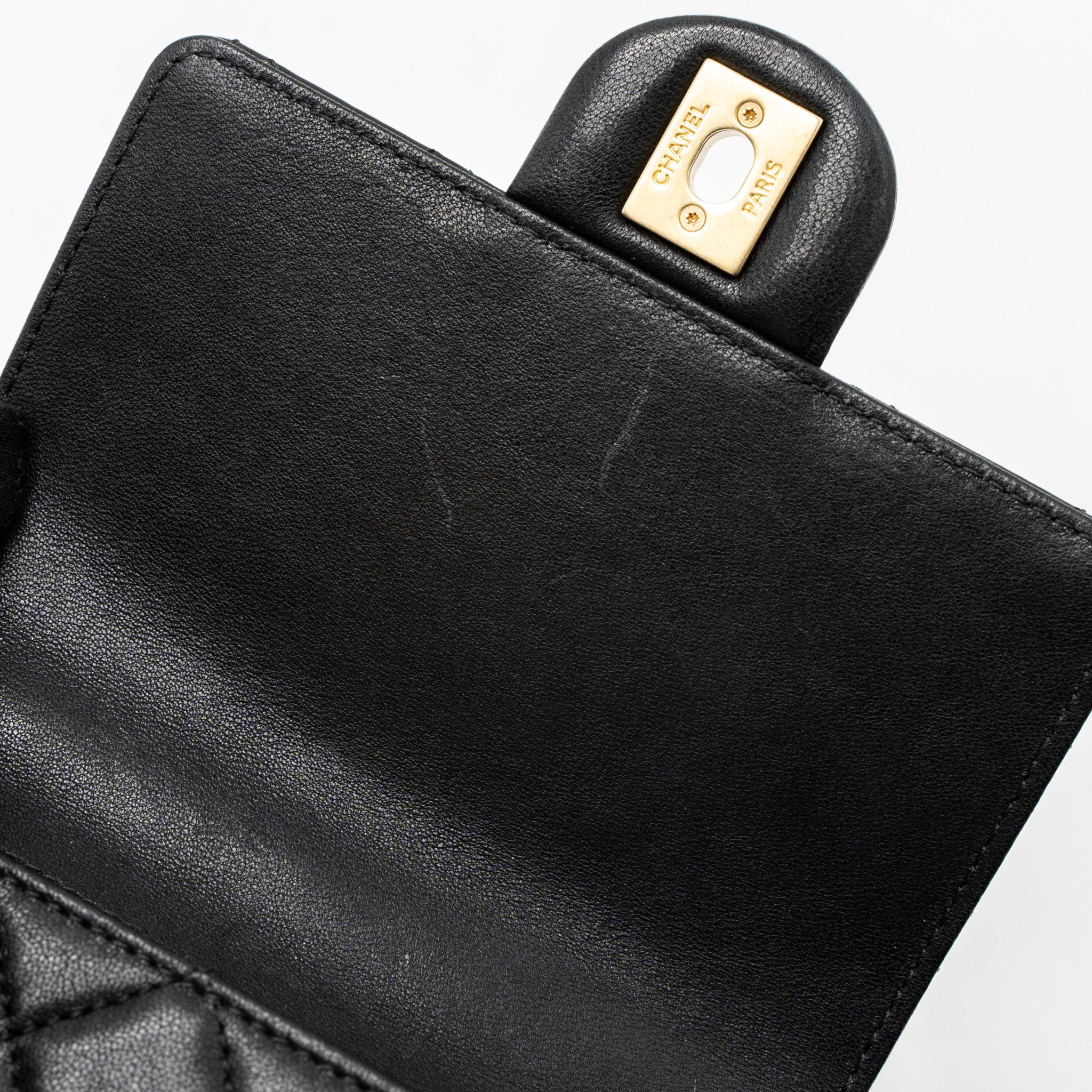 CHANEL SQUARE PEARL FLAP BAG LAMBSKIN BLACK BRUSHED GHW
