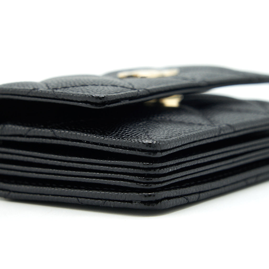 CHANEL 21K CAVIAR MINI FLAP CARDHOLDER WITH CHAIN BLACK LGHW