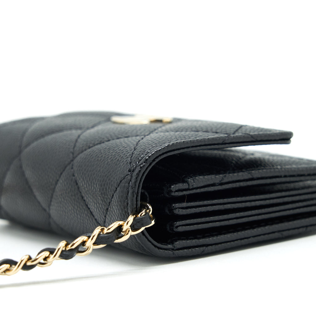 CHANEL 21K CAVIAR MINI FLAP CARDHOLDER WITH CHAIN BLACK LGHW